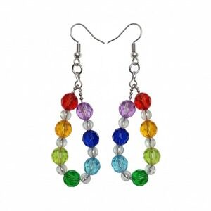 Rainbow Beaded Hoop Earrings Dangle Drop Colorful Gemstone Crystal Fun Fashion